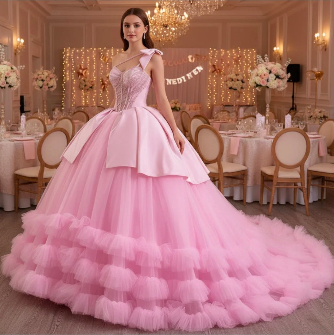 Gorgeous Pink Sweetheart Cross Shoulder Sparkling Beaded Corset Satin And Tulle Layered Quinceañera/Special Occasion Gown  With Shoulder Bow Detail