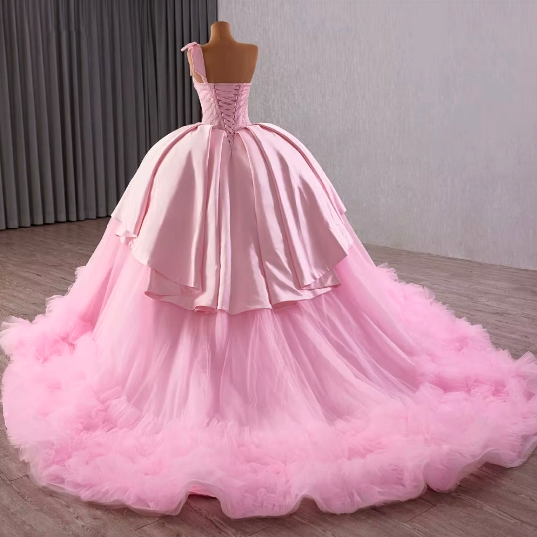 Gorgeous Pink Sweetheart Cross Shoulder Sparkling Beaded Corset Satin And Tulle Layered Quinceañera/Special Occasion Gown  With Shoulder Bow Detail