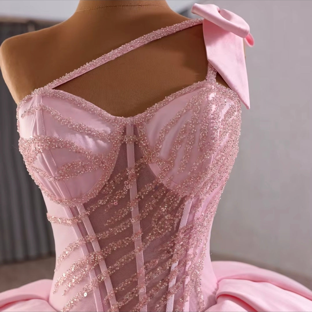Gorgeous Pink Sweetheart Cross Shoulder Sparkling Beaded Corset Satin And Tulle Layered Quinceañera/Special Occasion Gown  With Shoulder Bow Detail