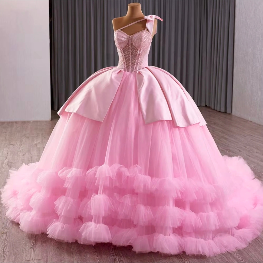 Gorgeous Pink Sweetheart Cross Shoulder Sparkling Beaded Corset Satin And Tulle Layered Quinceañera/Special Occasion Gown  With Shoulder Bow Detail