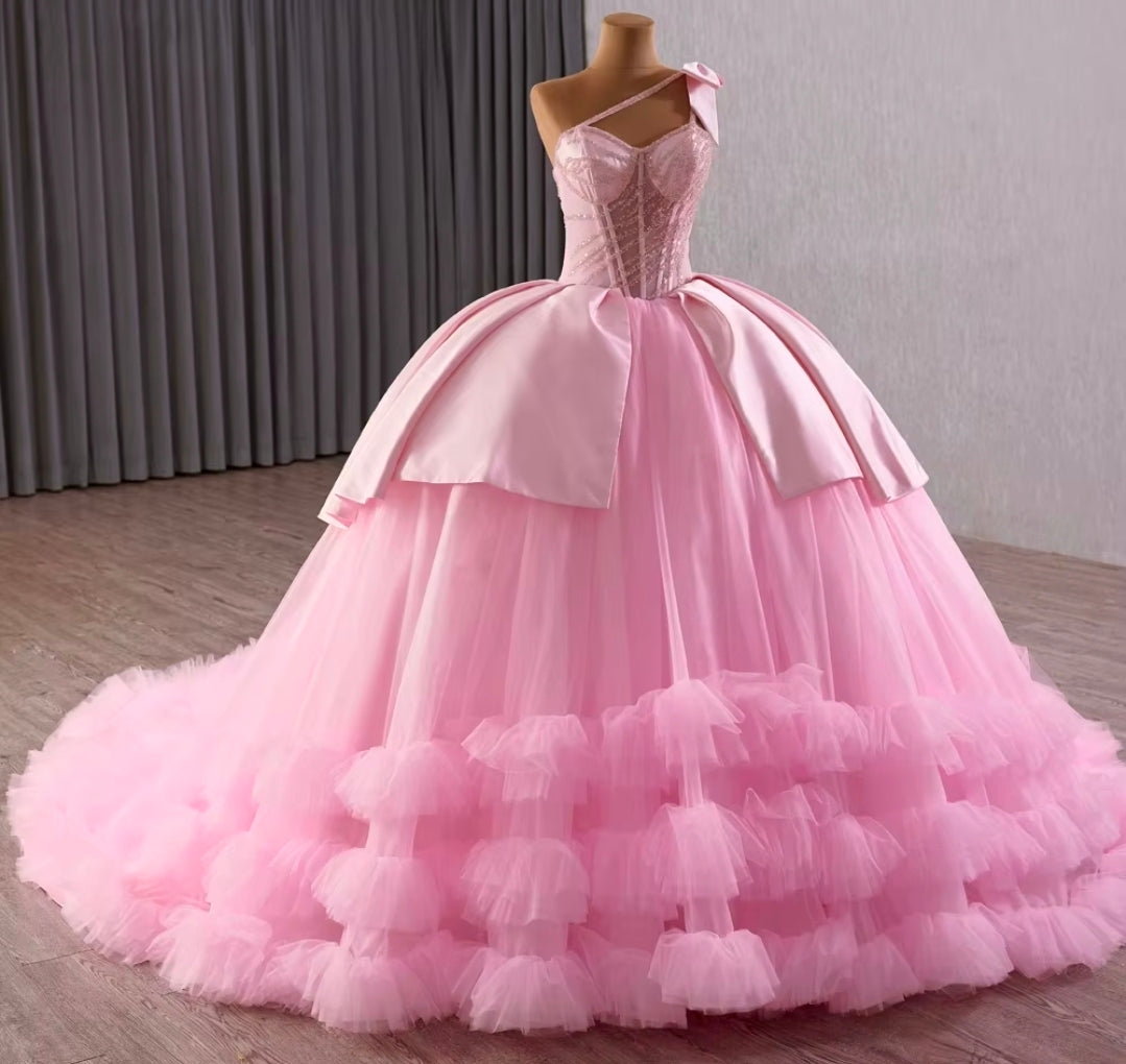 Gorgeous Pink Sweetheart Cross Shoulder Sparkling Beaded Corset Satin And Tulle Layered Quinceañera/Special Occasion Gown  With Shoulder Bow Detail