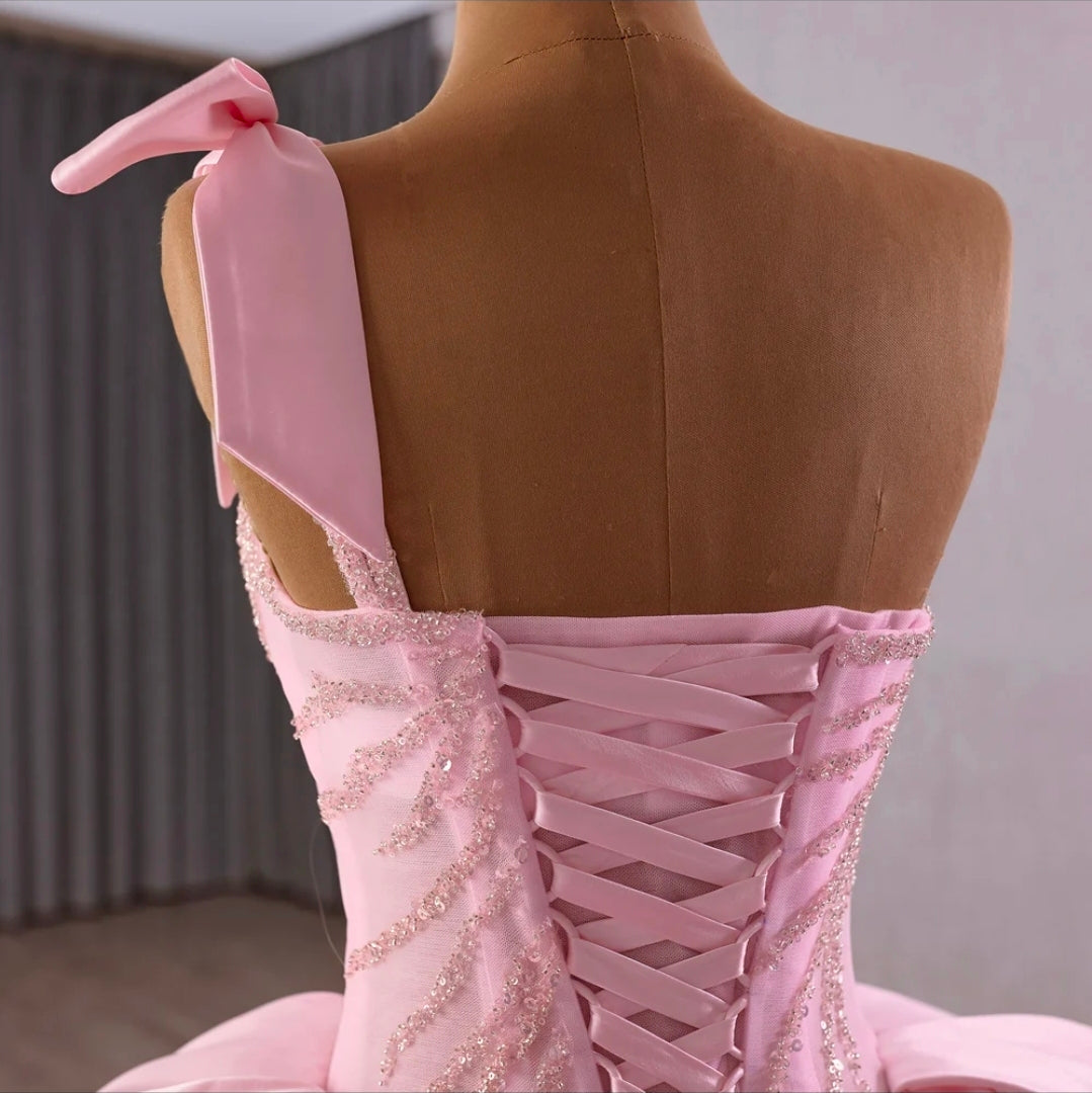 Gorgeous Pink Sweetheart Cross Shoulder Sparkling Beaded Corset Satin And Tulle Layered Quinceañera/Special Occasion Gown  With Shoulder Bow Detail