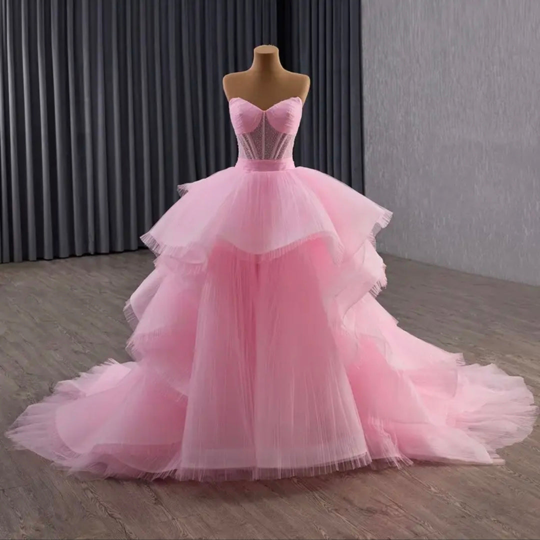 Strapless Pink Scattered Beading Sweetheart Layered Train Quinceañera/Special Occasion Princess A-Line Gown