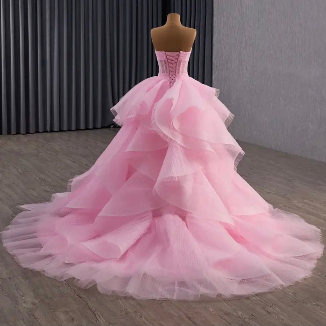 Strapless Pink Scattered Beading Sweetheart Layered Train Quinceañera/Special Occasion Princess A-Line Gown