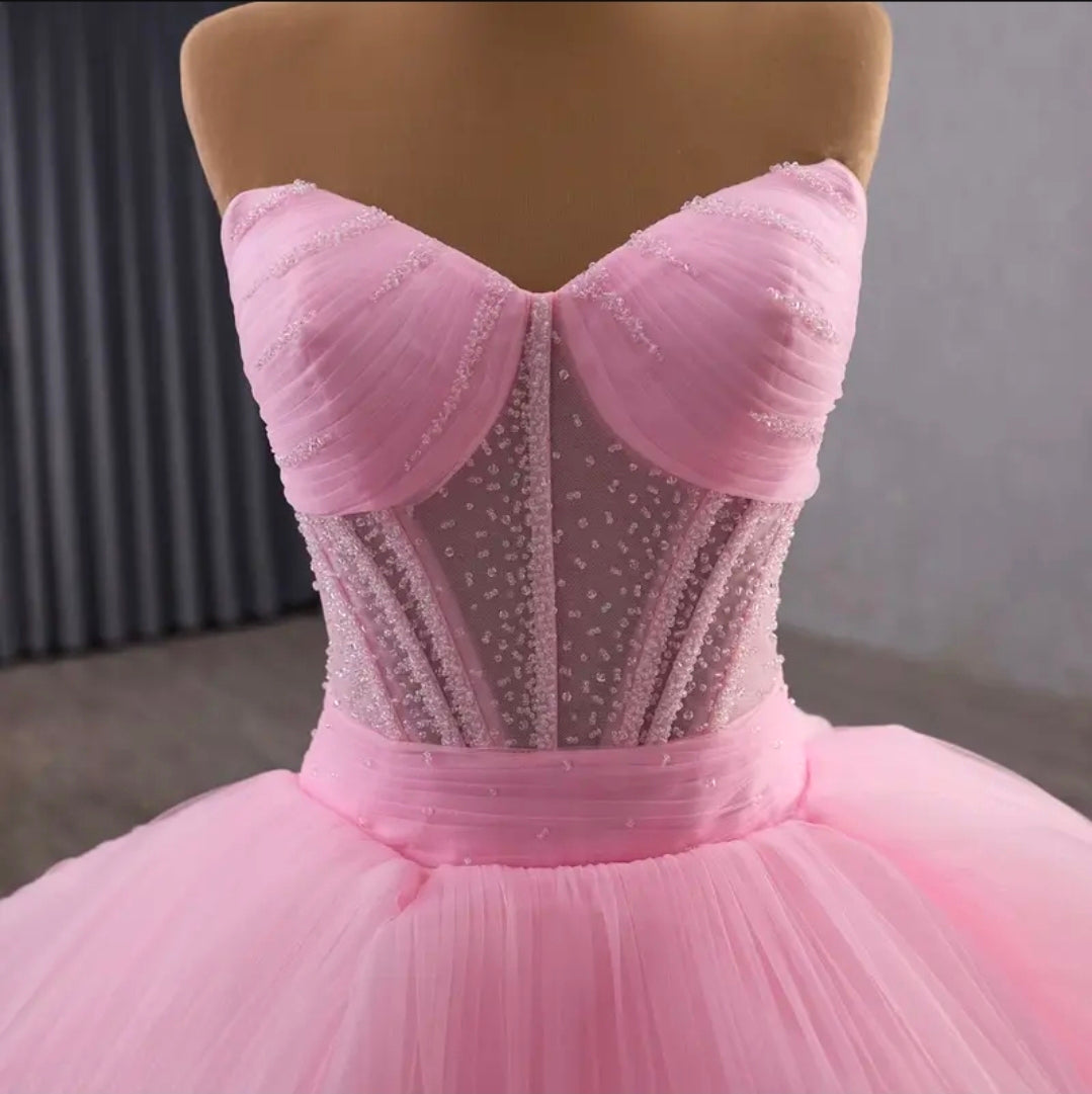 Strapless Pink Scattered Beading Sweetheart Layered Train Quinceañera/Special Occasion Princess A-Line Gown