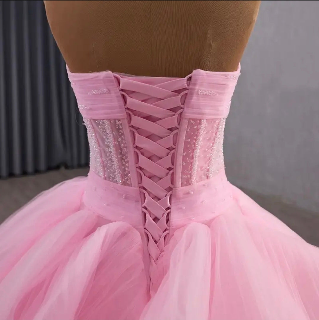 Strapless Pink Scattered Beading Sweetheart Layered Train Quinceañera/Special Occasion Princess A-Line Gown