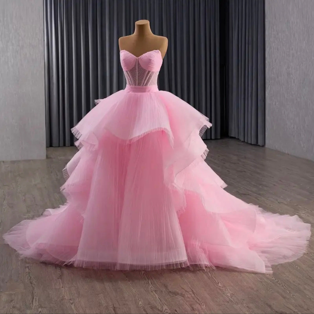 Strapless Pink Scattered Beading Sweetheart Layered Train Quinceañera/Special Occasion Princess A-Line Gown