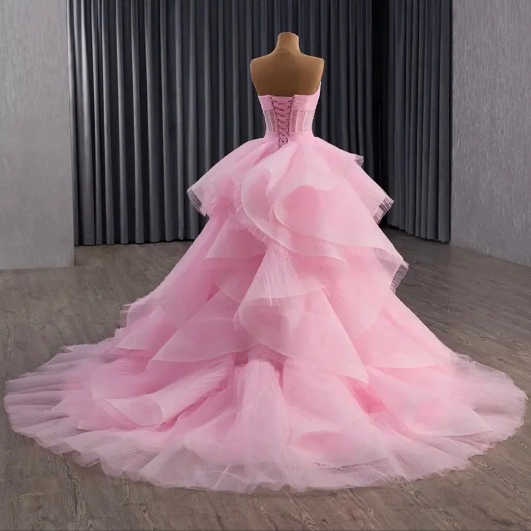 Strapless Pink Scattered Beading Sweetheart Layered Train Quinceañera/Special Occasion Princess A-Line Gown