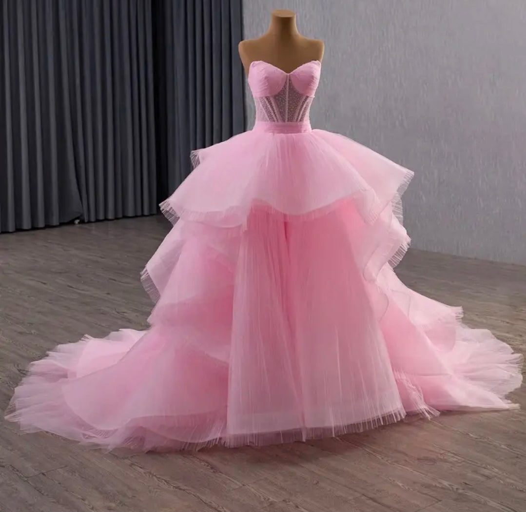 Strapless Pink Scattered Beading Sweetheart Layered Train Quinceañera/Special Occasion Princess A-Line Gown