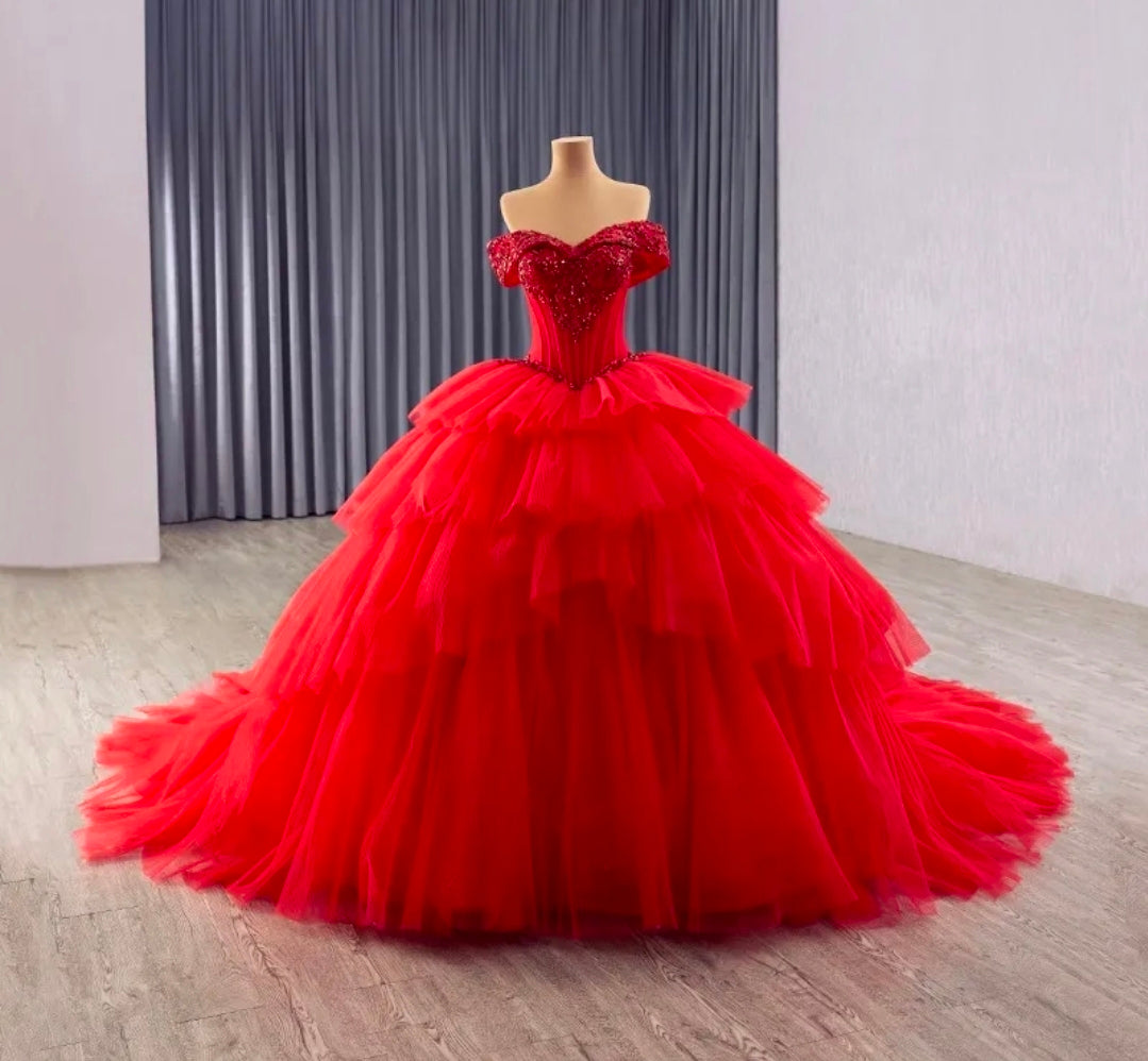 Beaded Corset Red Off The Shoulder  Lace Up Enclosure Quinceañera/Special Occasion Gown