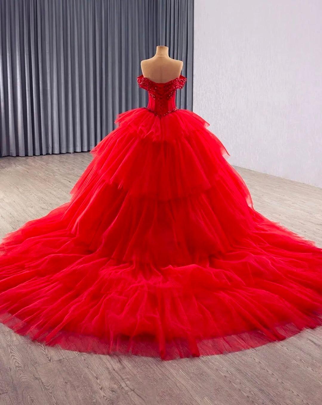 Beaded Corset Red Off The Shoulder  Lace Up Enclosure Quinceañera/Special Occasion Gown