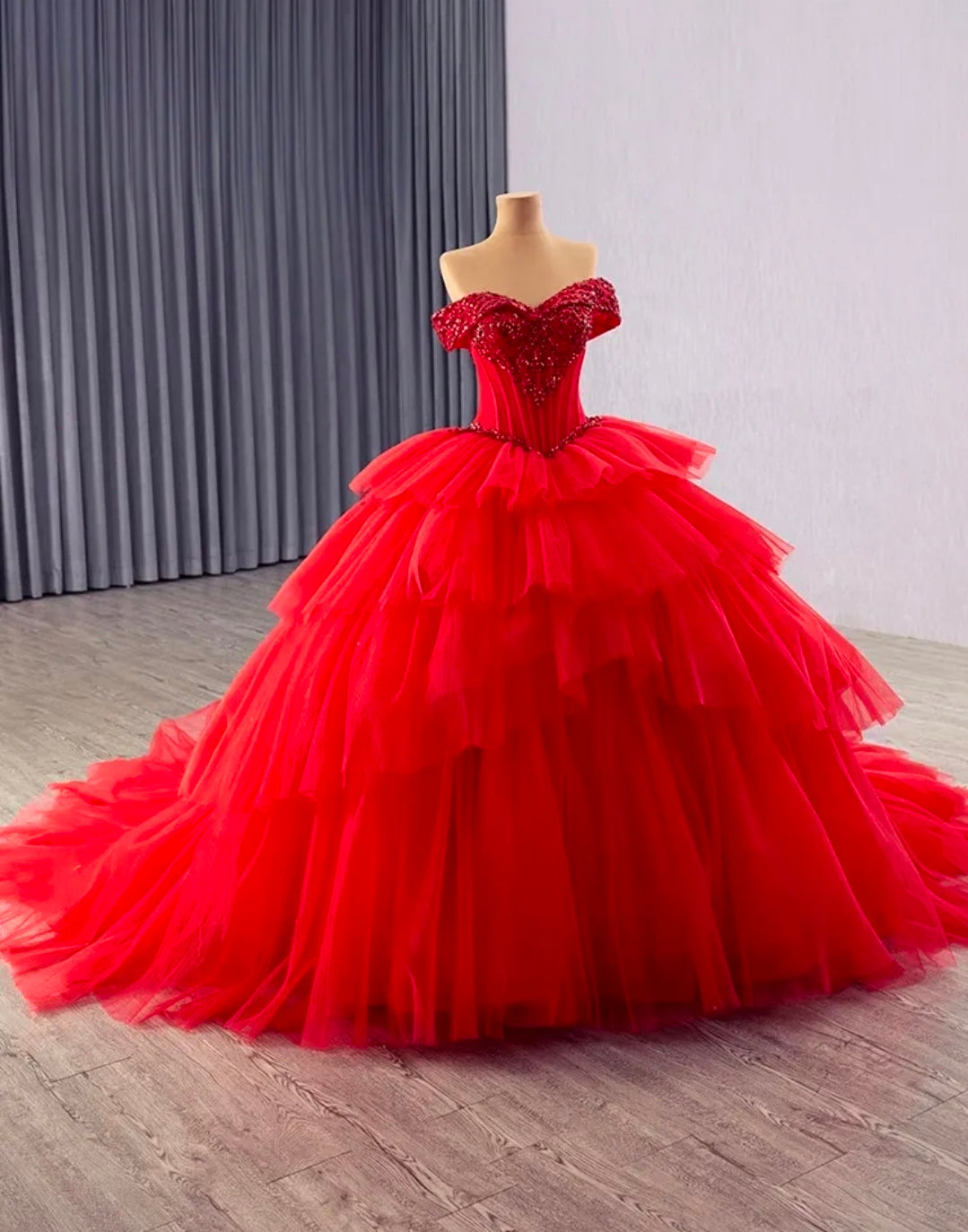 Beaded Corset Red Off The Shoulder  Lace Up Enclosure Quinceañera/Special Occasion Gown