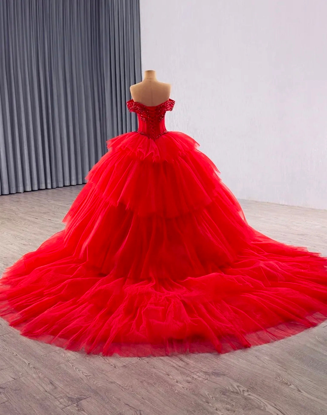 Beaded Corset Red Off The Shoulder  Lace Up Enclosure Quinceañera/Special Occasion Gown