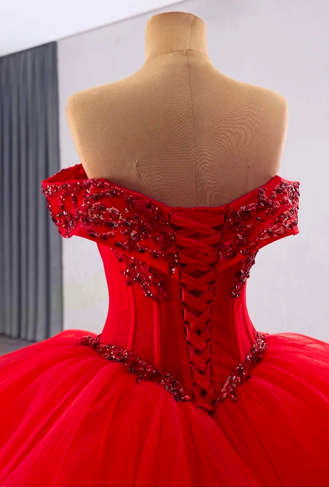 Beaded Corset Red Off The Shoulder  Lace Up Enclosure Quinceañera/Special Occasion Gown