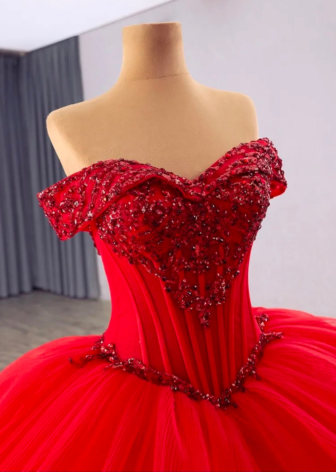 Beaded Corset Red Off The Shoulder  Lace Up Enclosure Quinceañera/Special Occasion Gown
