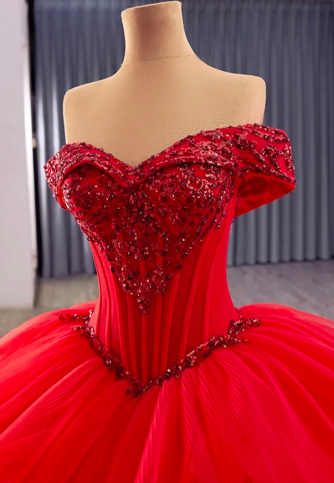 Beaded Corset Red Off The Shoulder  Lace Up Enclosure Quinceañera/Special Occasion Gown