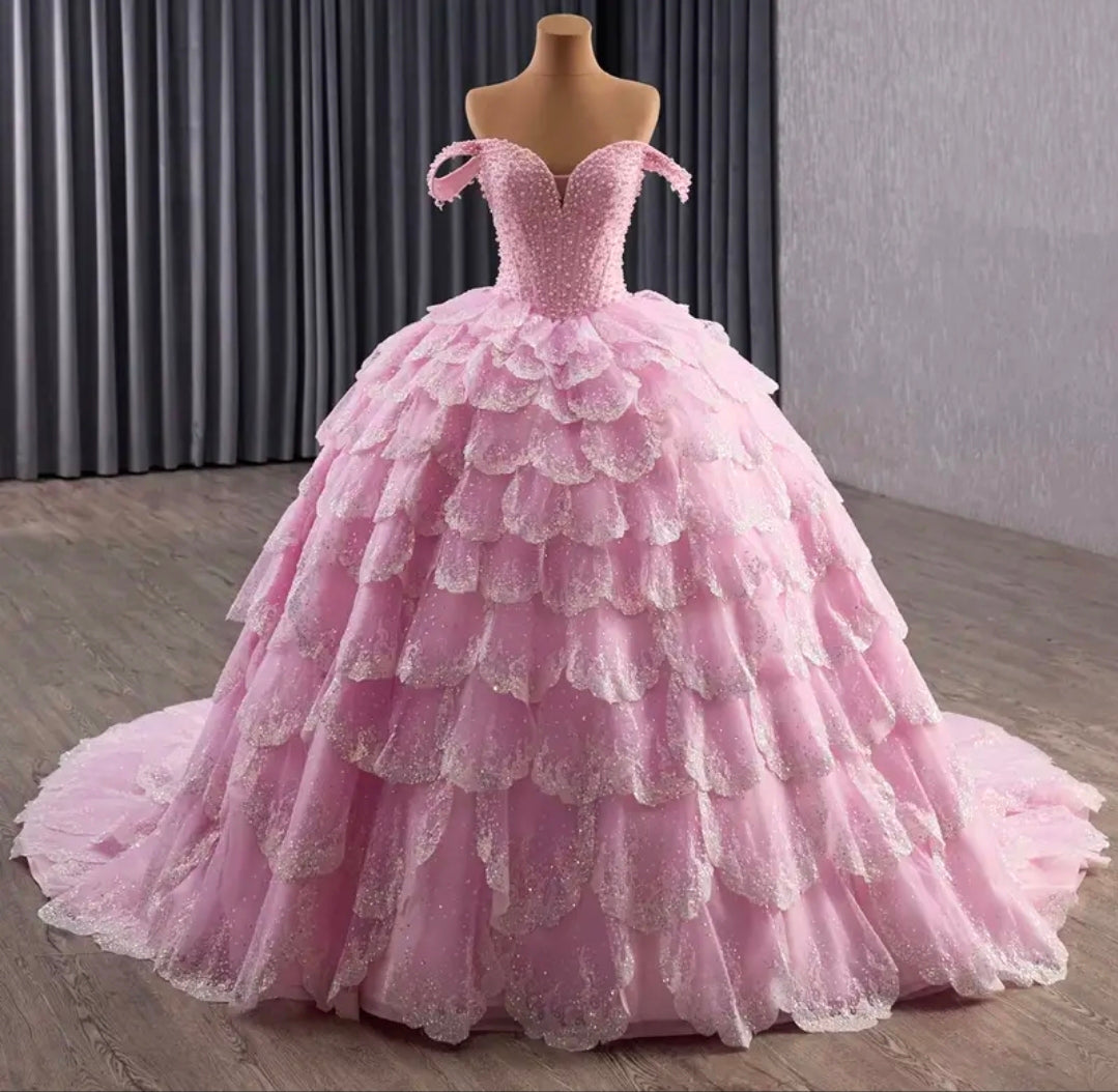 Stunning Petal Pink Layered Off The Shoulder Sweetheart 2026 Quinceañera/Special Occasion Ball Gown
