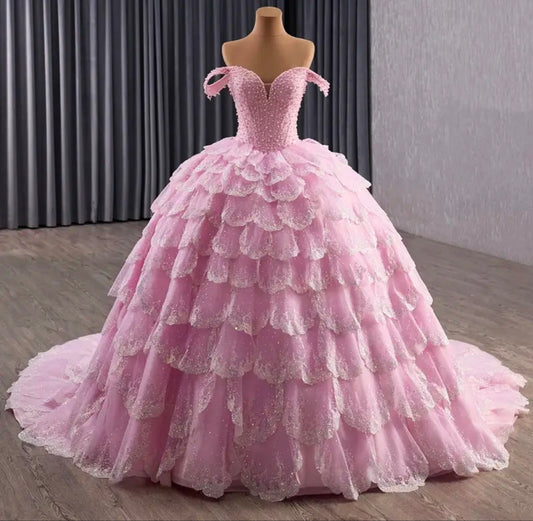Stunning Petal Pink Layered Off The Shoulder Sweetheart 2026 Quinceañera/Special Occasion Ball Gown
