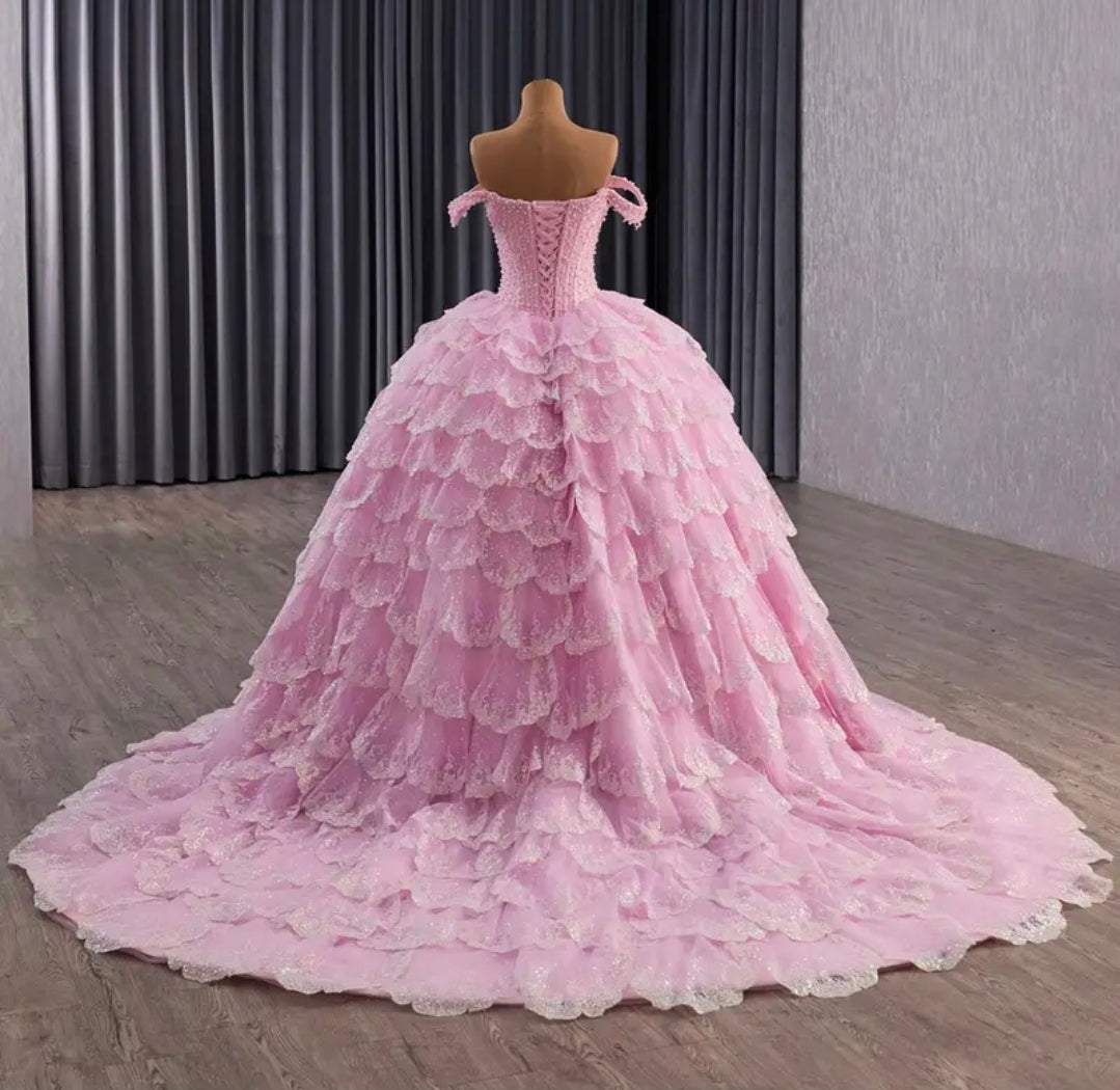 Stunning Petal Pink Layered Off The Shoulder Sweetheart 2026 Quinceañera/Special Occasion Ball Gown