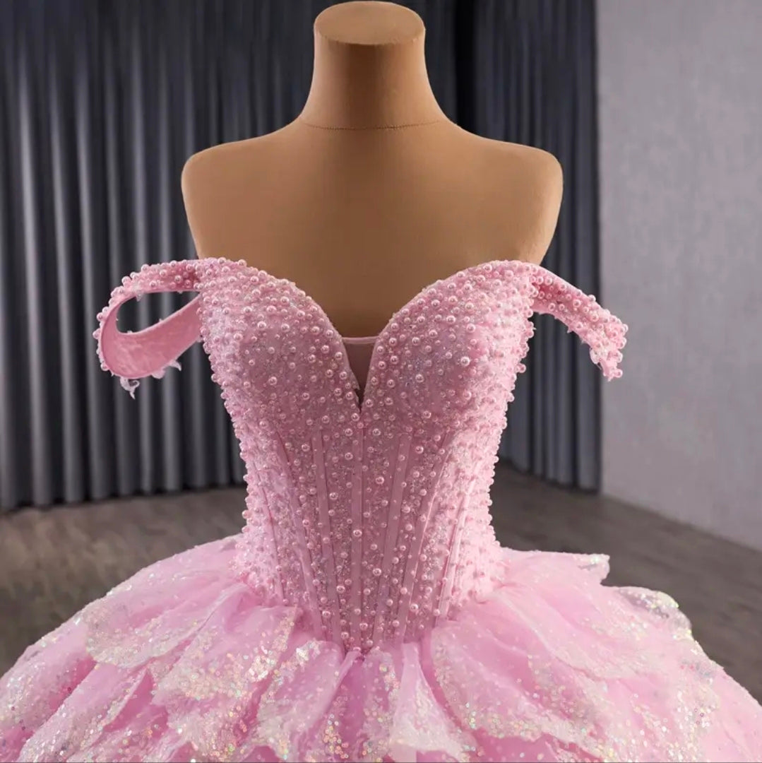Stunning Petal Pink Layered Off The Shoulder Sweetheart 2026 Quinceañera/Special Occasion Ball Gown