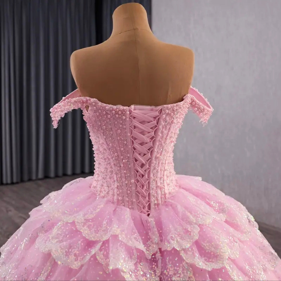Stunning Petal Pink Layered Off The Shoulder Sweetheart 2026 Quinceañera/Special Occasion Ball Gown
