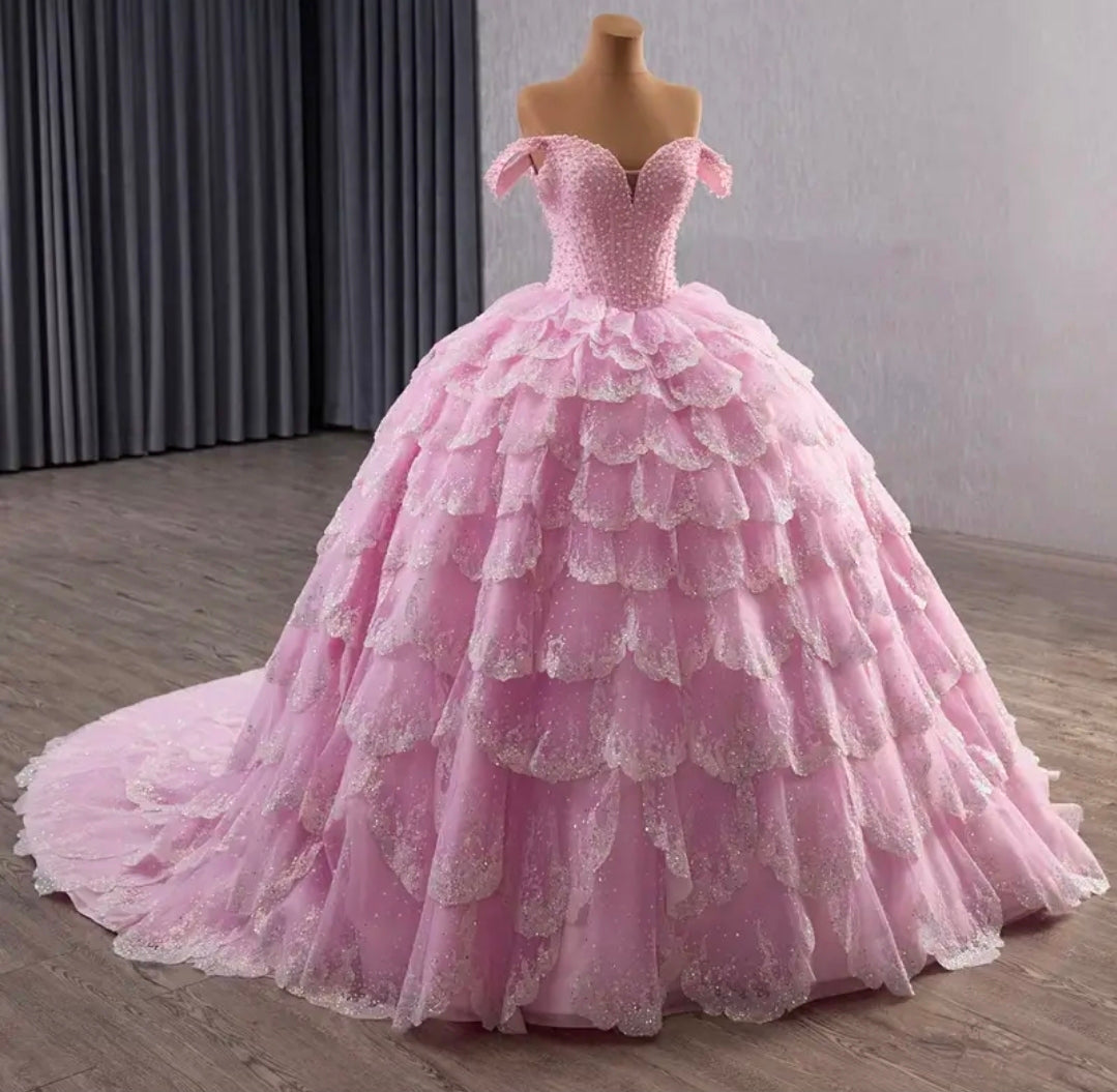 Stunning Petal Pink Layered Off The Shoulder Sweetheart 2026 Quinceañera/Special Occasion Ball Gown