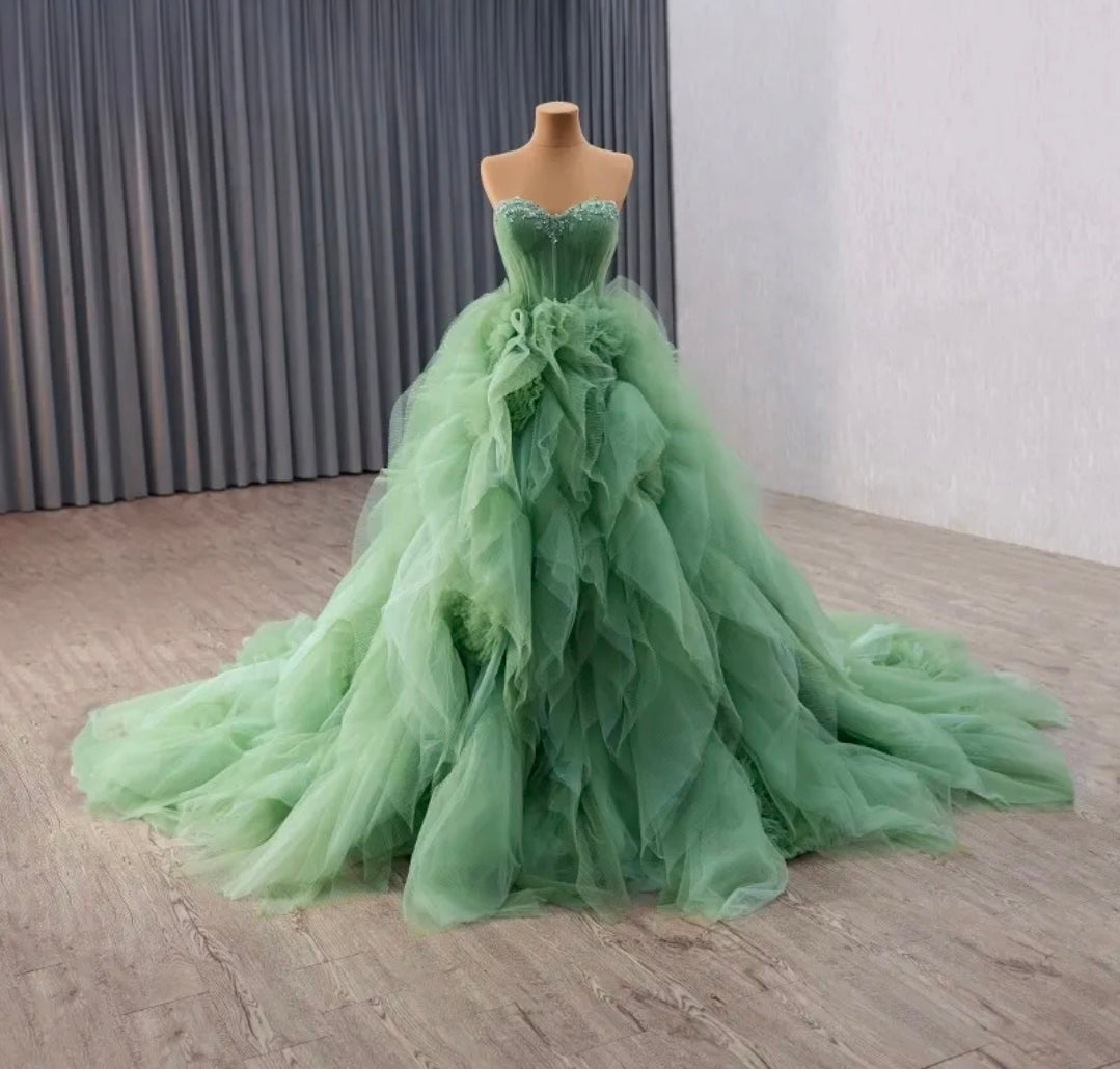 Sweetheart Multi Beaded Strapless Sage Green Cascading Layered A-Line Lace Up Enclosure Quinceañera/Special Occasion Gown
