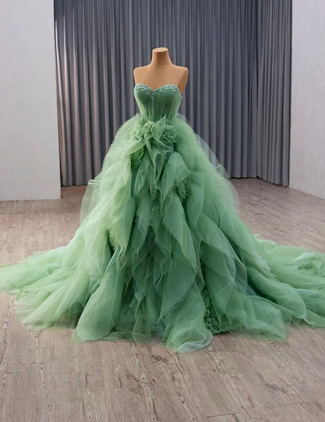 Sweetheart Multi Beaded Strapless Sage Green Cascading Layered A-Line Lace Up Enclosure Quinceañera/Special Occasion Gown