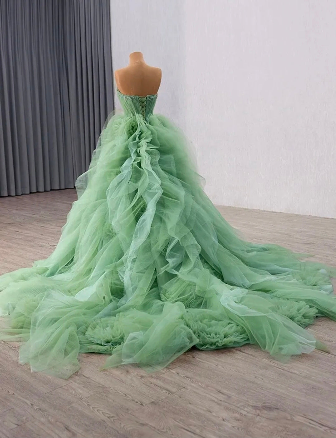 Sweetheart Multi Beaded Strapless Sage Green Cascading Layered A-Line Lace Up Enclosure Quinceañera/Special Occasion Gown