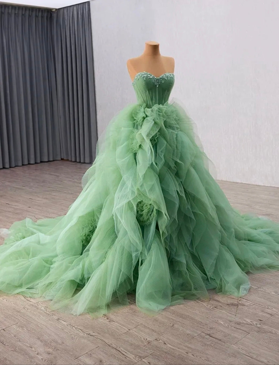 Sweetheart Multi Beaded Strapless Sage Green Cascading Layered A-Line Lace Up Enclosure Quinceañera/Special Occasion Gown