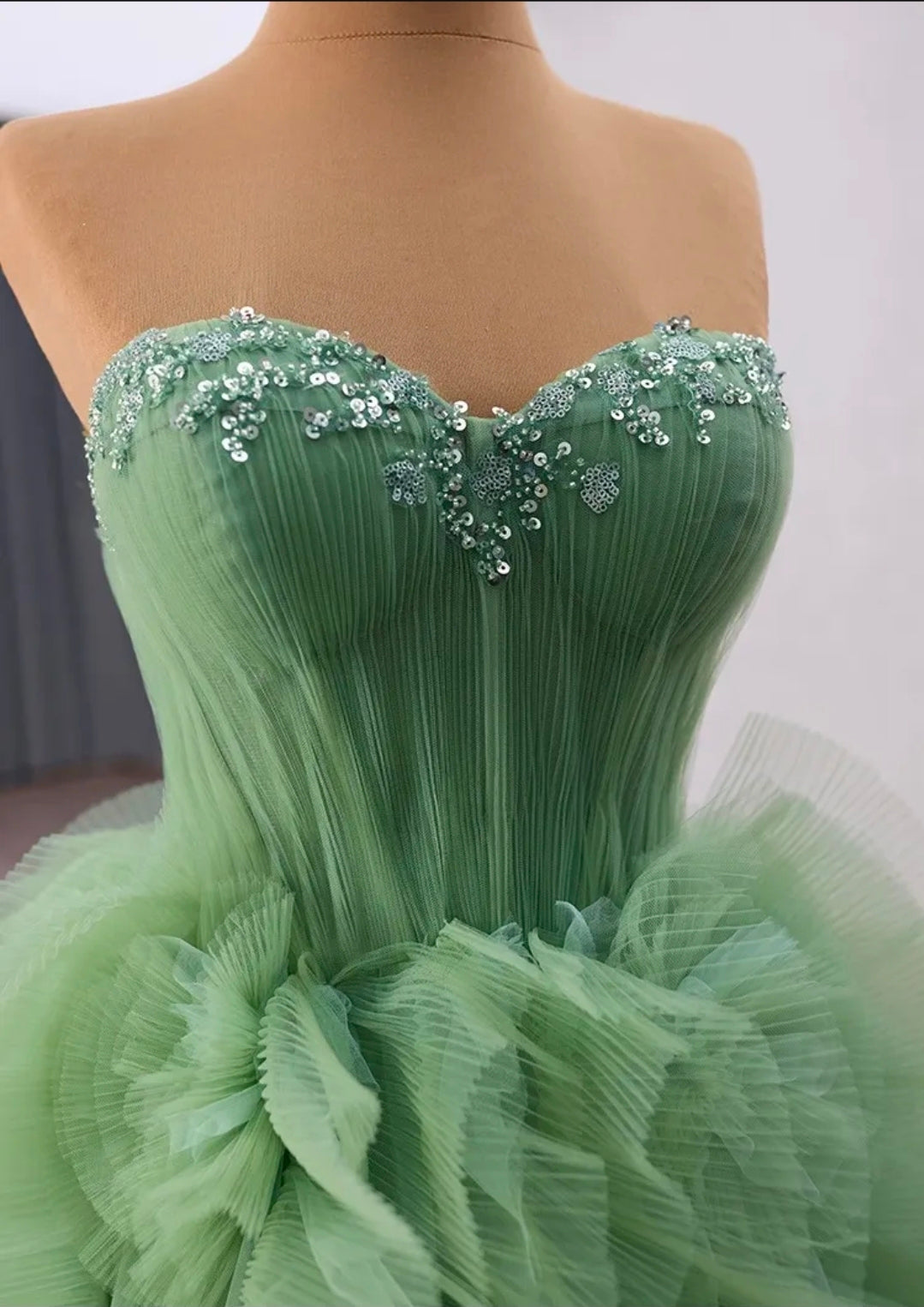 Sweetheart Multi Beaded Strapless Sage Green Cascading Layered A-Line Lace Up Enclosure Quinceañera/Special Occasion Gown