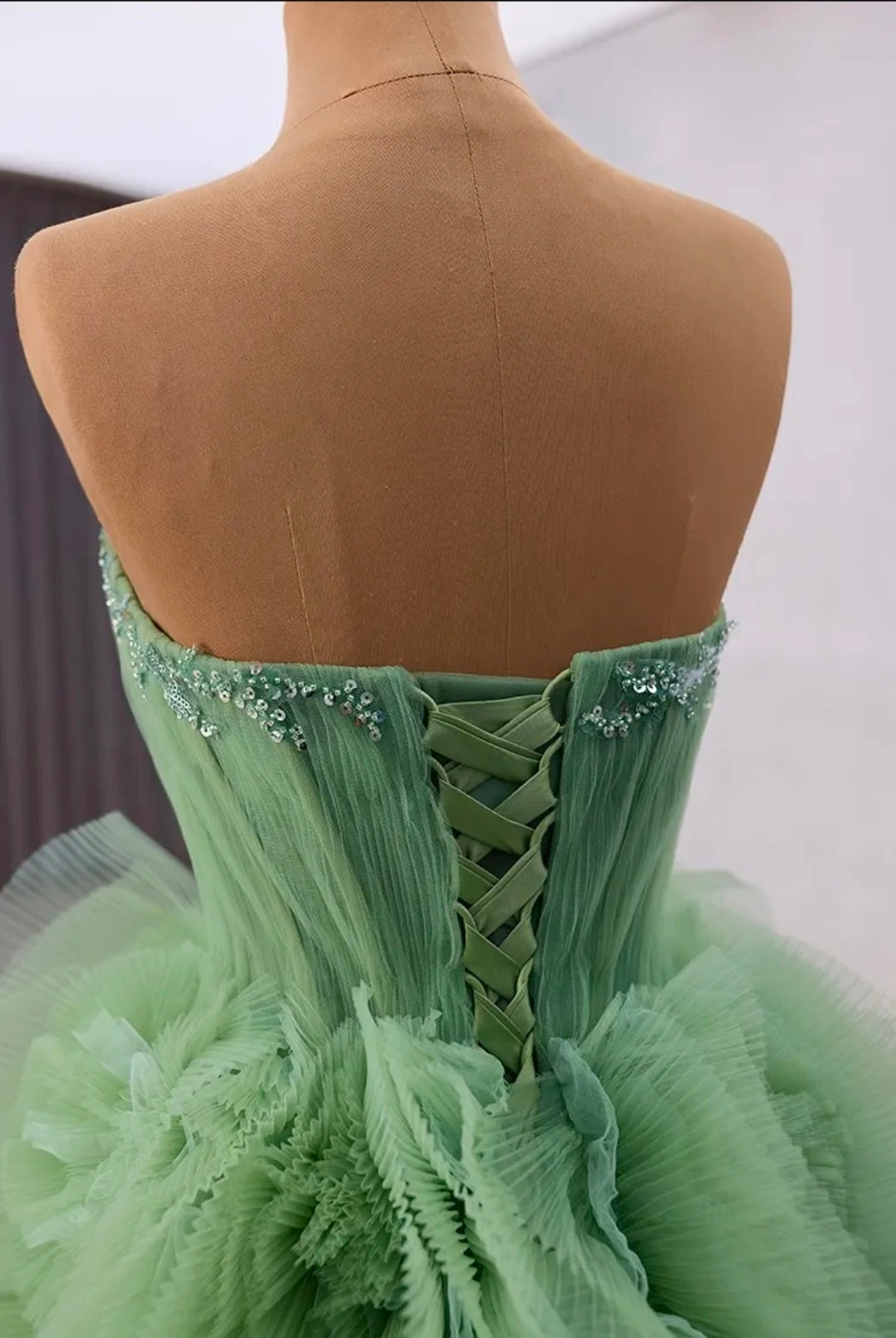 Sweetheart Multi Beaded Strapless Sage Green Cascading Layered A-Line Lace Up Enclosure Quinceañera/Special Occasion Gown