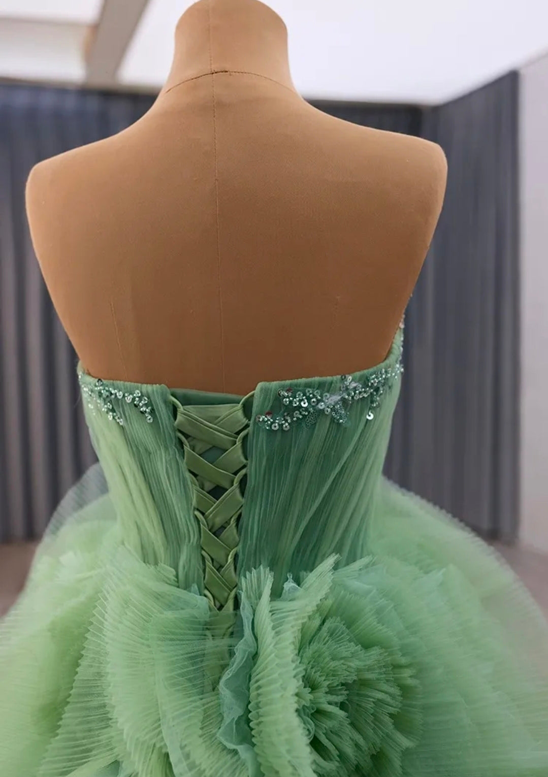 Sweetheart Multi Beaded Strapless Sage Green Cascading Layered A-Line Lace Up Enclosure Quinceañera/Special Occasion Gown