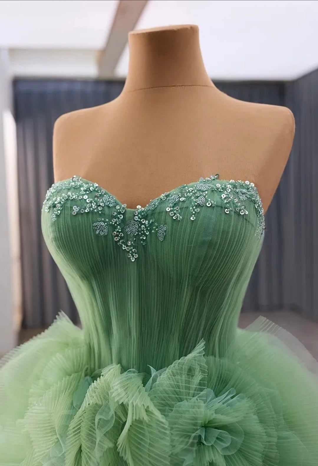 Sweetheart Multi Beaded Strapless Sage Green Cascading Layered A-Line Lace Up Enclosure Quinceañera/Special Occasion Gown