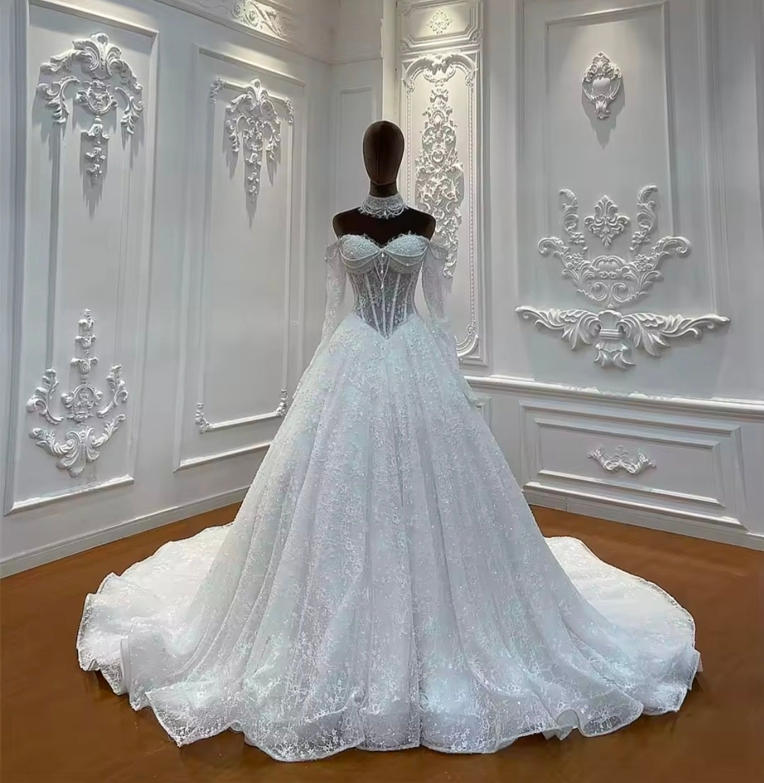 Elegant Beaded Lace Sweetheart Off The Shoulder Corset A-Line Dream Wedding Gown With Matching Detached Collar Piece