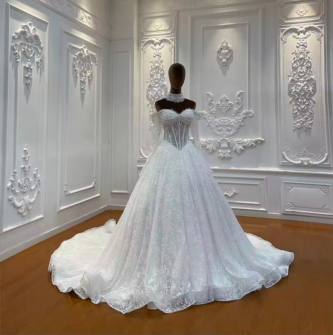 Elegant Beaded Lace Sweetheart Off The Shoulder Corset A-Line Dream Wedding Gown With Matching Detached Collar Piece