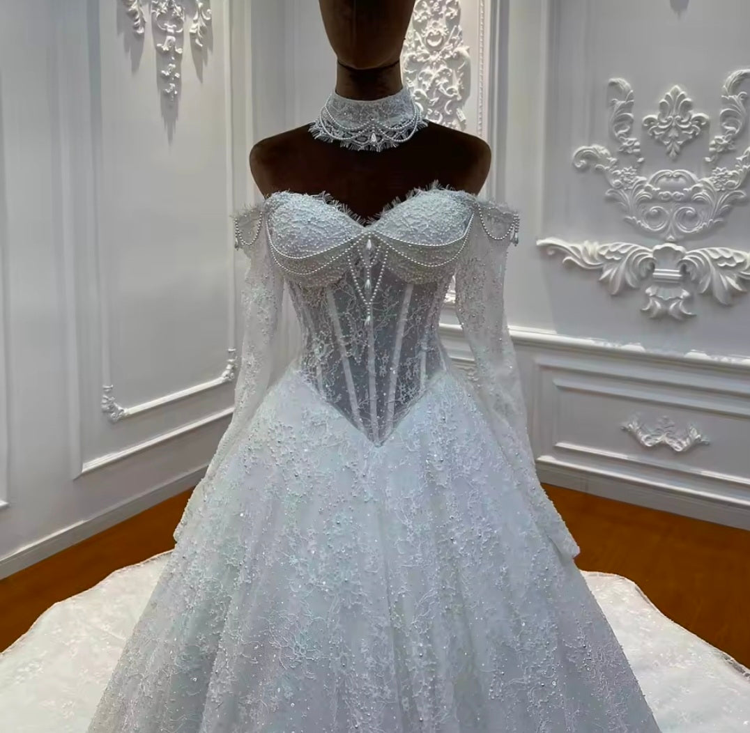 Elegant Beaded Lace Sweetheart Off The Shoulder Corset A-Line Dream Wedding Gown With Matching Detached Collar Piece