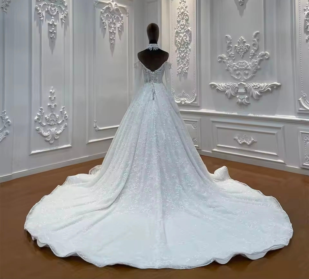 Elegant Beaded Lace Sweetheart Off The Shoulder Corset A-Line Dream Wedding Gown With Matching Detached Collar Piece