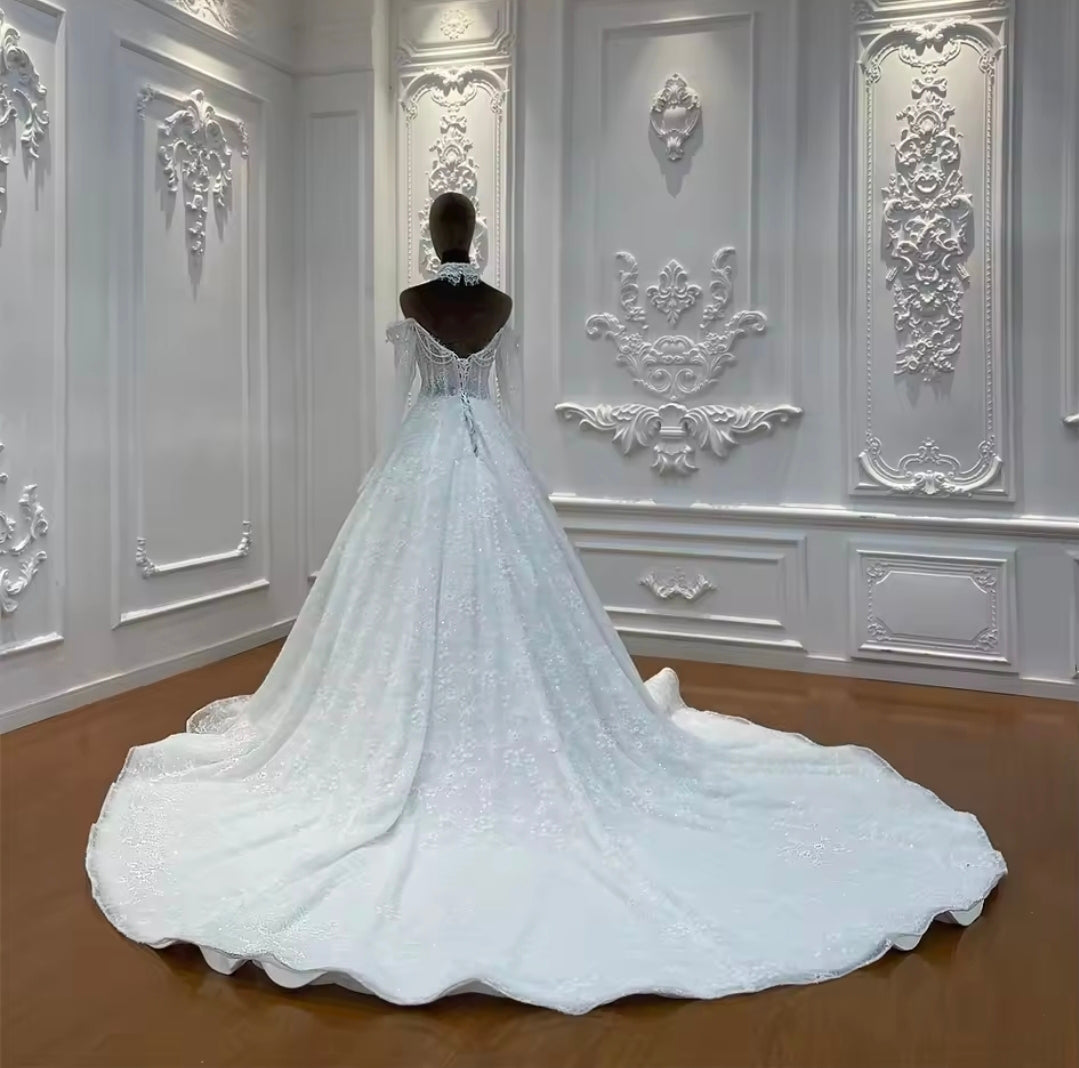 Elegant Beaded Lace Sweetheart Off The Shoulder Corset A-Line Dream Wedding Gown With Matching Detached Collar Piece