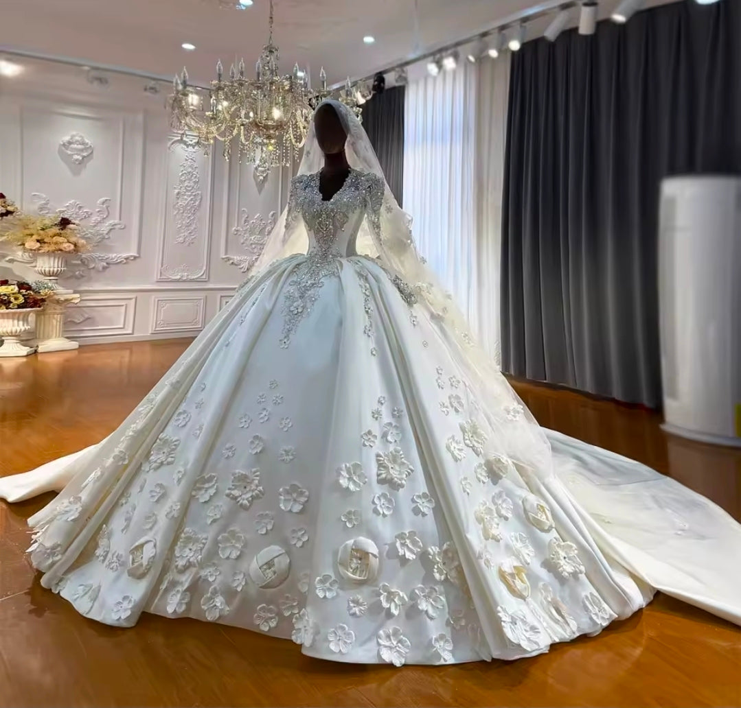 2026 Extravagant Gorgeous Luxurious And Stunning Scattered Floral Beaded Long Sleeve V Neck Princess Bridal Gown