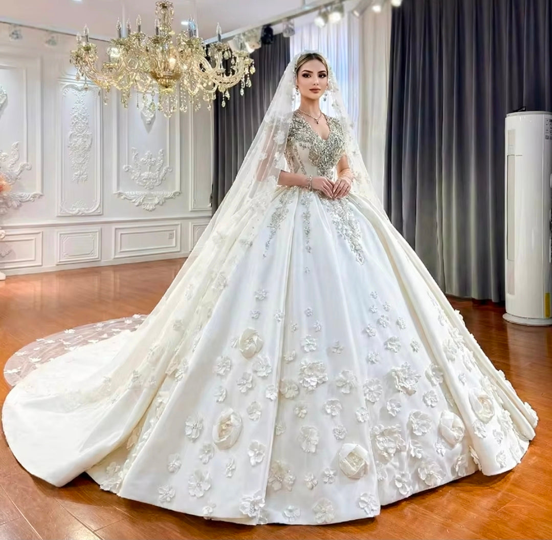 2026 Extravagant Gorgeous Luxurious And Stunning Scattered Floral Beaded Long Sleeve V Neck Princess Bridal Gown