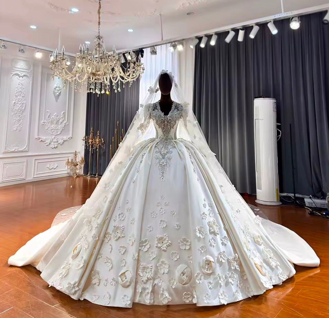 2026 Extravagant Gorgeous Luxurious And Stunning Scattered Floral Beaded Long Sleeve V Neck Princess Bridal Gown