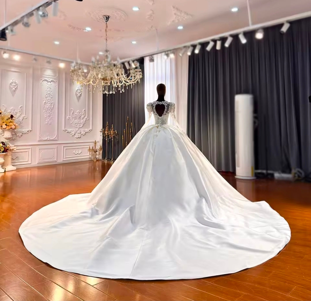 2026 Extravagant Gorgeous Luxurious And Stunning Scattered Floral Beaded Long Sleeve V Neck Princess Bridal Gown