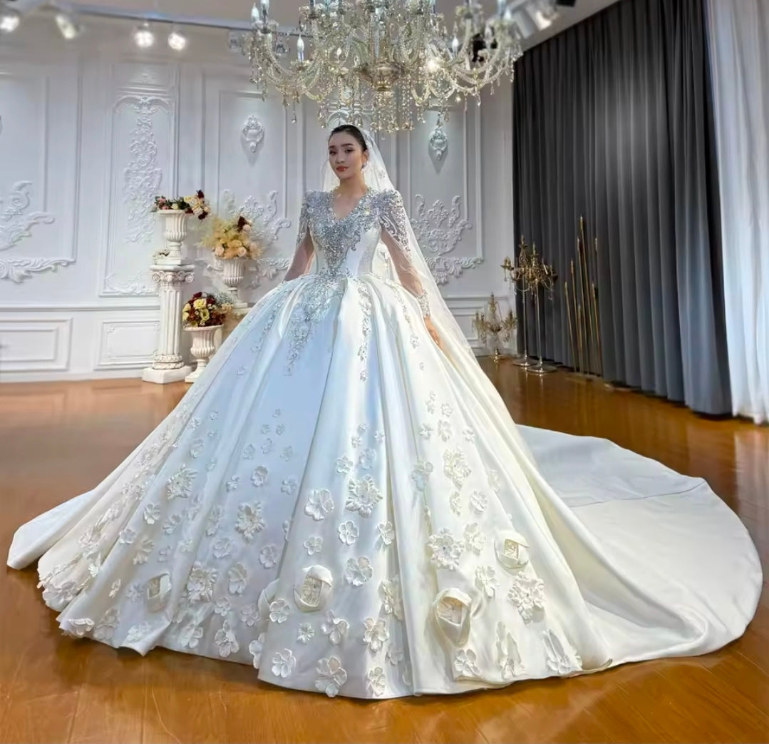 2026 Extravagant Gorgeous Luxurious And Stunning Scattered Floral Beaded Long Sleeve V Neck Princess Bridal Gown