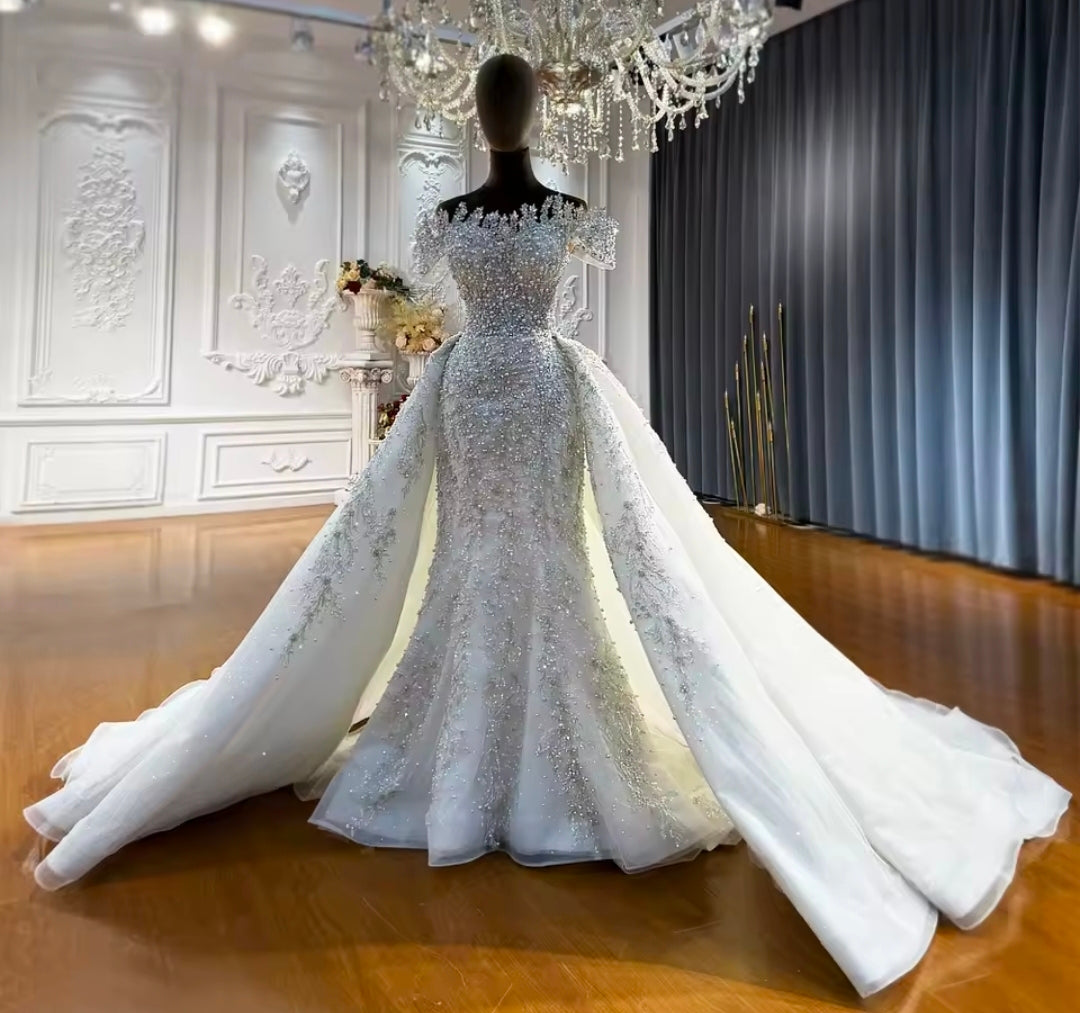 Captivating And Absolutely Stunning Ivory Beaded Crystal Sweetheart Off The Shoulder Trumpet Gown With A-Line Detached Train Skirt