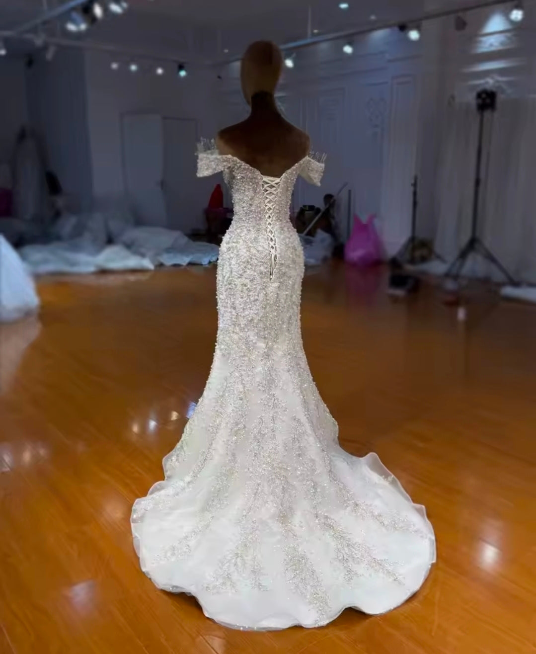 Captivating And Absolutely Stunning Ivory Beaded Crystal Sweetheart Off The Shoulder Trumpet Gown With A-Line Detached Train Skirt