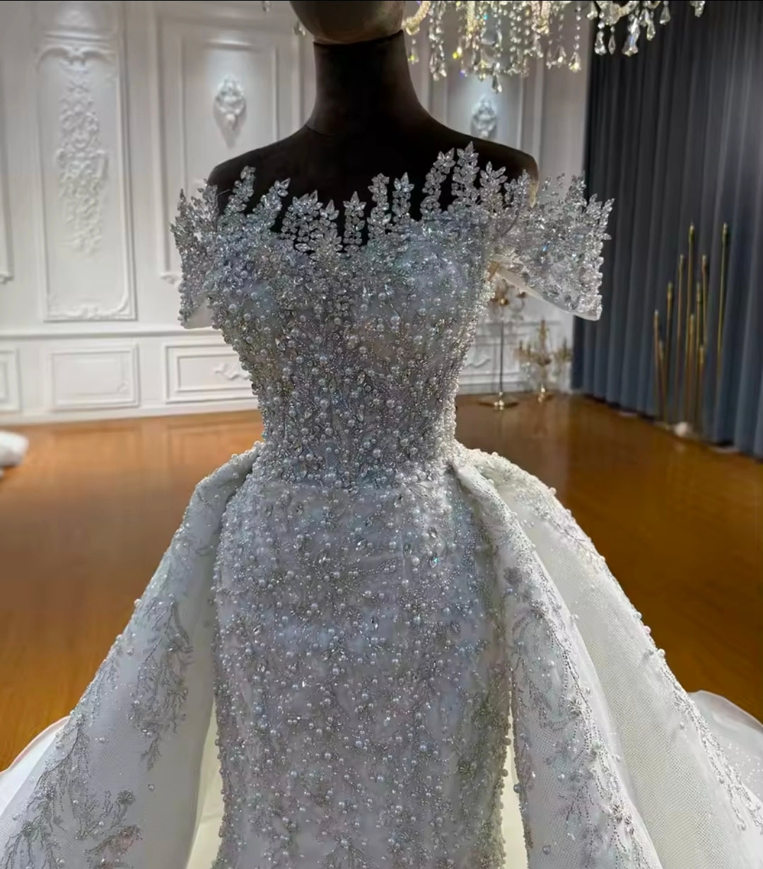 Captivating And Absolutely Stunning Ivory Beaded Crystal Sweetheart Off The Shoulder Trumpet Gown With A-Line Detached Train Skirt