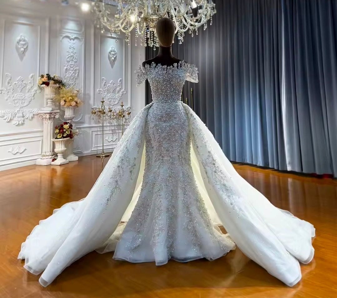 Captivating And Absolutely Stunning Ivory Beaded Crystal Sweetheart Off The Shoulder Trumpet Gown With A-Line Detached Train Skirt