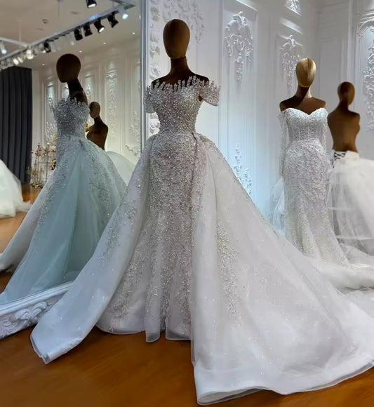 Captivating And Absolutely Stunning Ivory Beaded Crystal Sweetheart Off The Shoulder Trumpet Gown With A-Line Detached Train Skirt