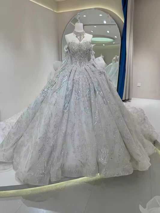 2026 Stunning Princess Sweetheart Off The Shoulder Organza Multi Beaded Laced Up Enclosure Bridal Gown With Detached Collar Choker